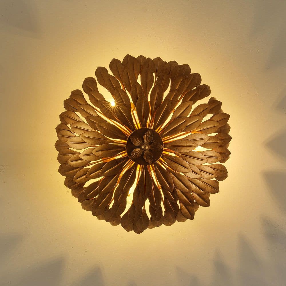 15.75 in. 3-Light Antique Gold Semi-Flush Mount Ceiling Light with Layers of Leaves Shade - Hercitys