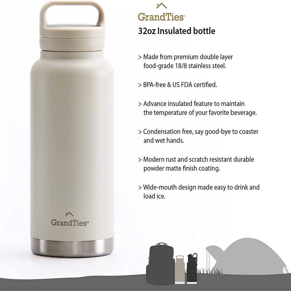32 oz. Ivory White Travel Water Bottle – Wide Mouth Vacuum Insulated Water Bottle with 2-Style Lids - Hercitys