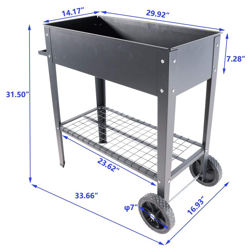 33.66 x 14.17 x 31.5 in. Mobile Metal Raised Garden Bed Cart with Legs, Elevated Tall Planter Box with Wheels, Dark Gray - Hercitys