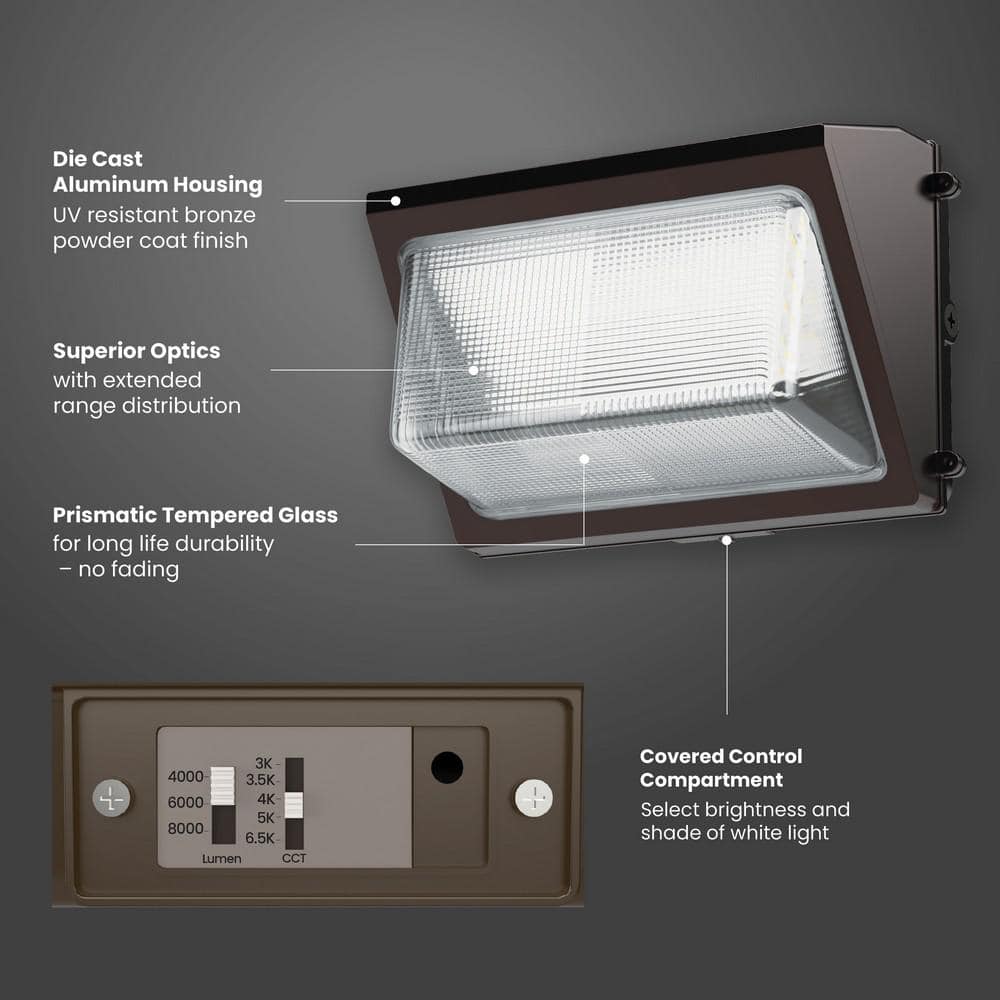 4000/6000/8000 Lumen Select Integrated LED Selectable 5CCT Bronze Dusk to Commercial Wall Pack Light - Hercitys