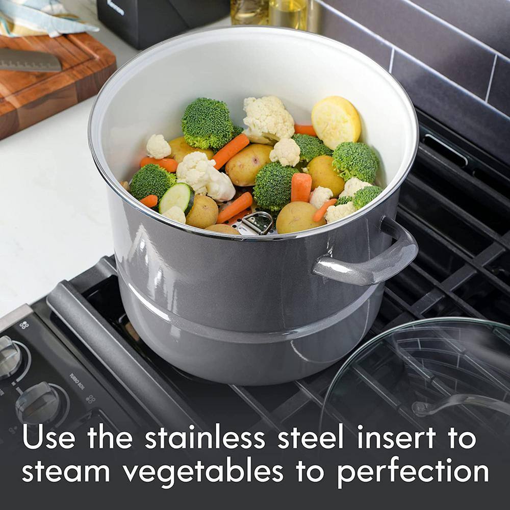 16 qt. Enamel On Steel Stock Pot With Steamer and Lid in Graphite Grey - Hercitys