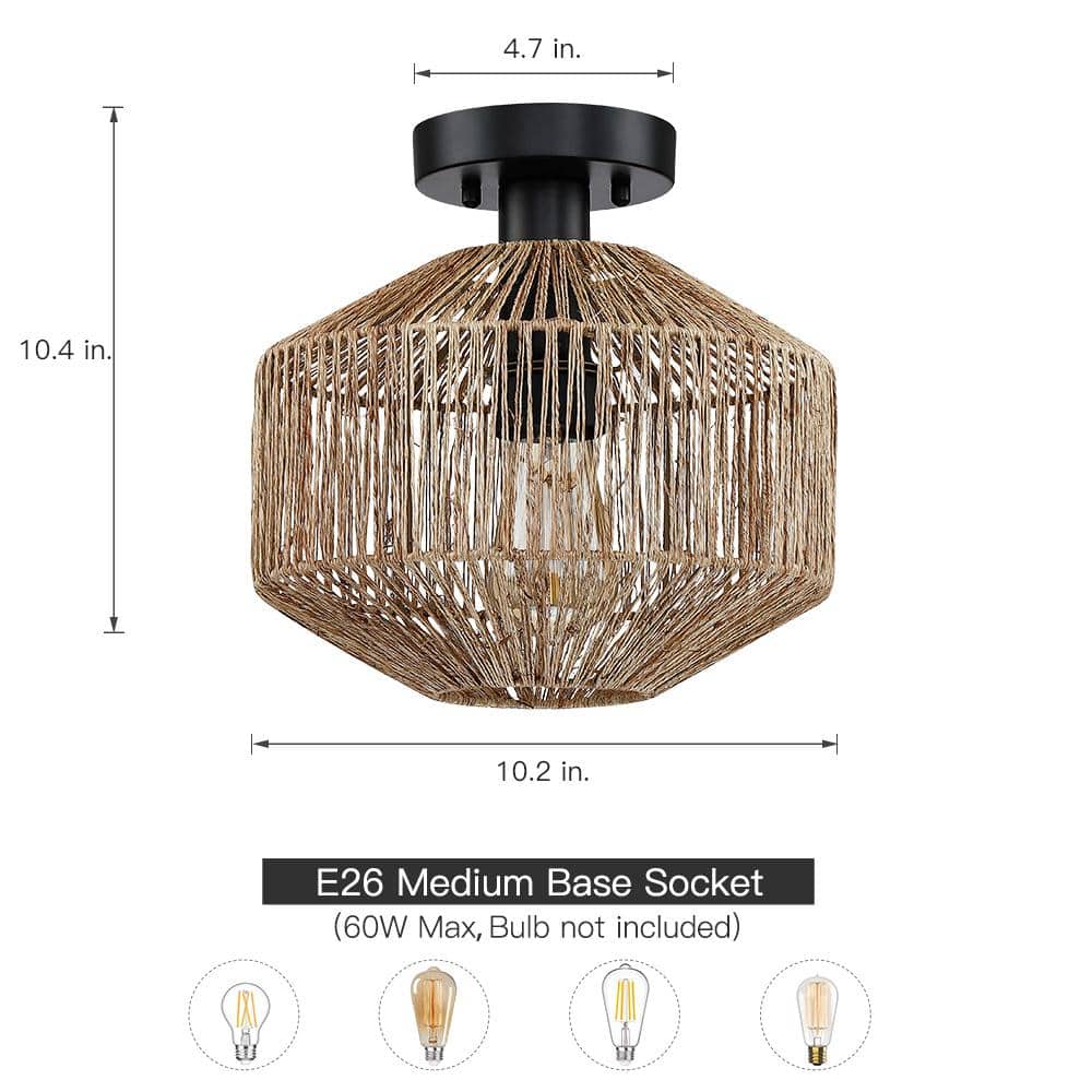 10.2 in. 1-Light Bohemian Natural Jute Rope Semi-Flush Mount Ceiling Light with Black Hardware - Hercitys