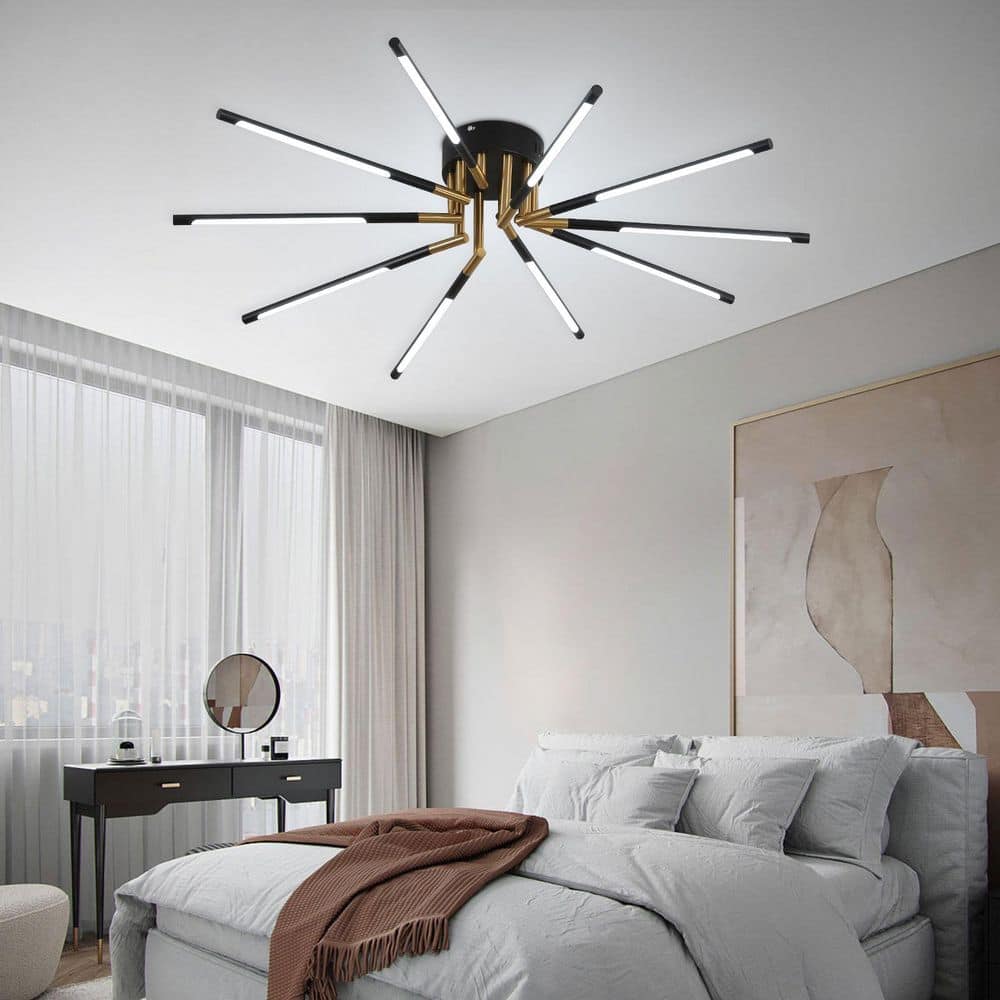 33.46 in. 10-Light Black and Gold Modern Linear Dimmable Selectable LED Semi-Flush Mount Ceiling Light with Remote - Hercitys