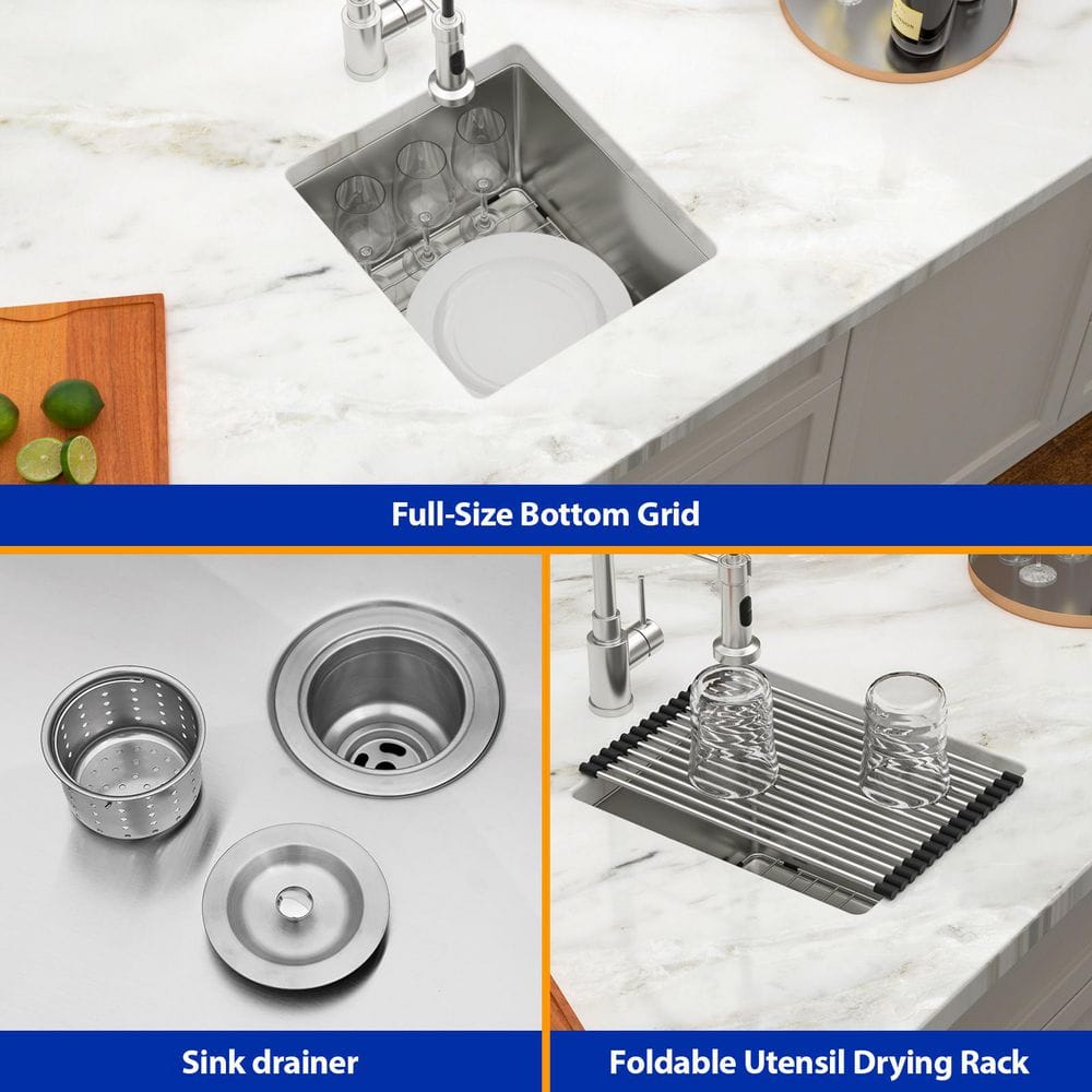 16-Gauge Stainless Steel 15 in. Undermount Bar Sink in Brushed Nickel with Strainer - Hercitys