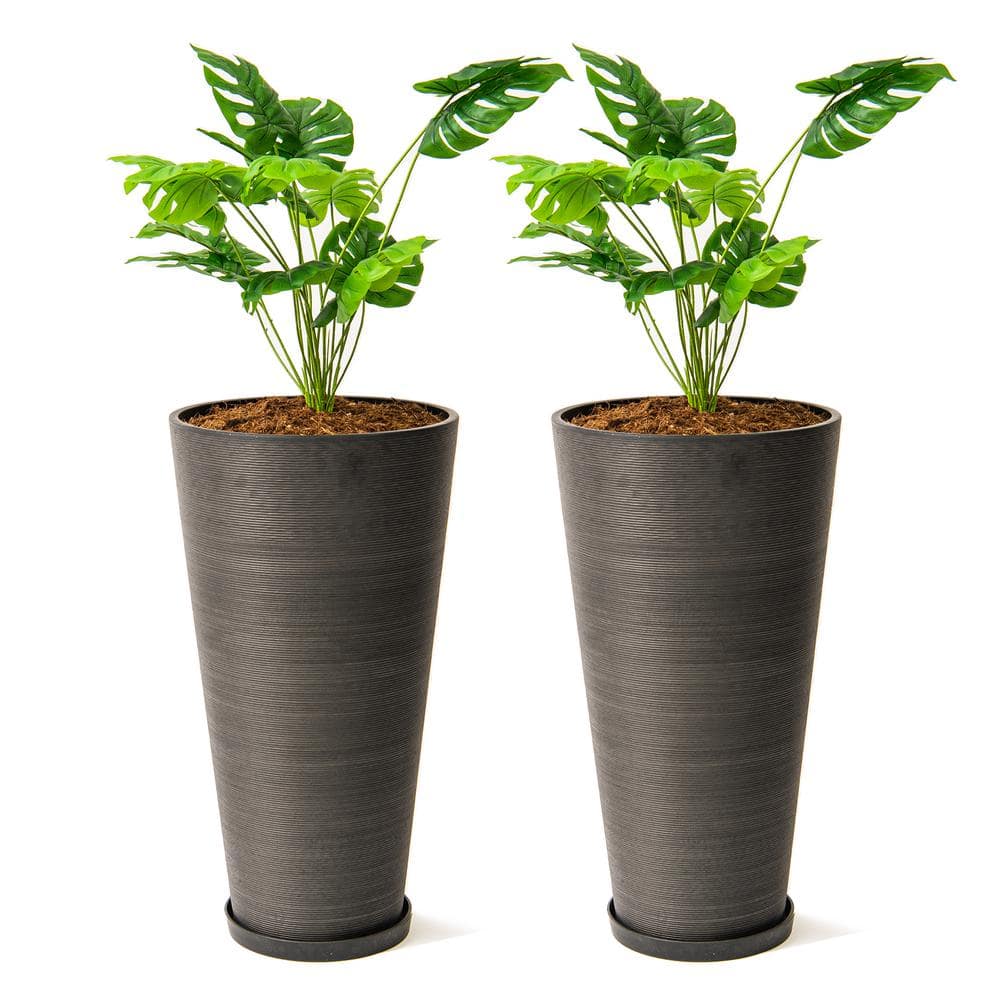 28 in. Tall Modern Round Planter, Tapered Floor Planter for Indoor and Outdoor, Patio Decor, Set of 2, Black - Hercitys