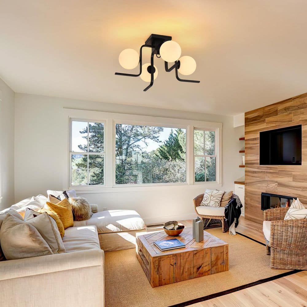 25.6 in. 4-Light Matte Black Industrial Semi-Flush Mount Ceiling Light with White Globe Glass - Hercitys