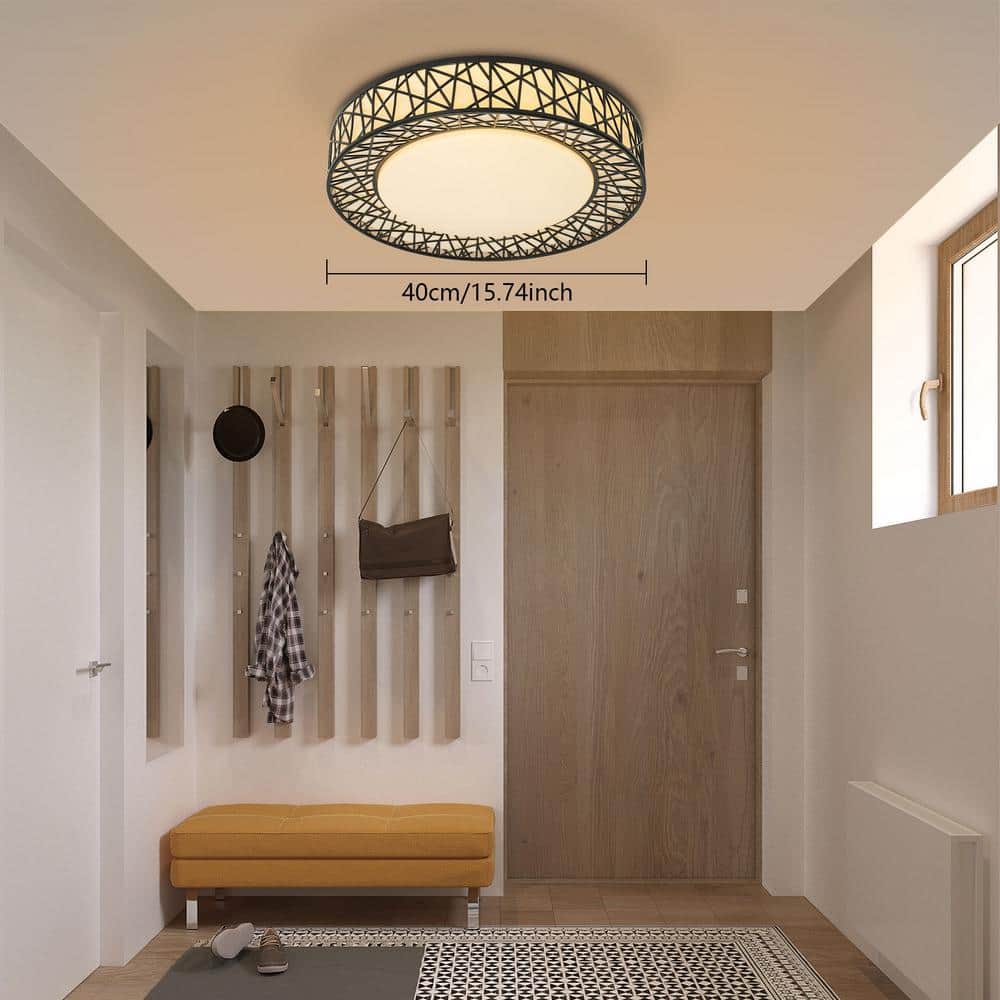 15.74 in. Black and White Modern Round Flush Mount Ceiling Light with 3-Color Integrated LED for Bedroom Dining Room - Hercitys