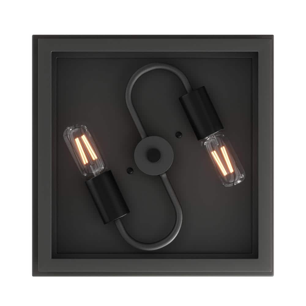 12.2 in. 2-Light Industrial Black Flush Mount Metal Farmhouse Close to Ceiling Light Fixture with Clear Glass Shade - Hercitys