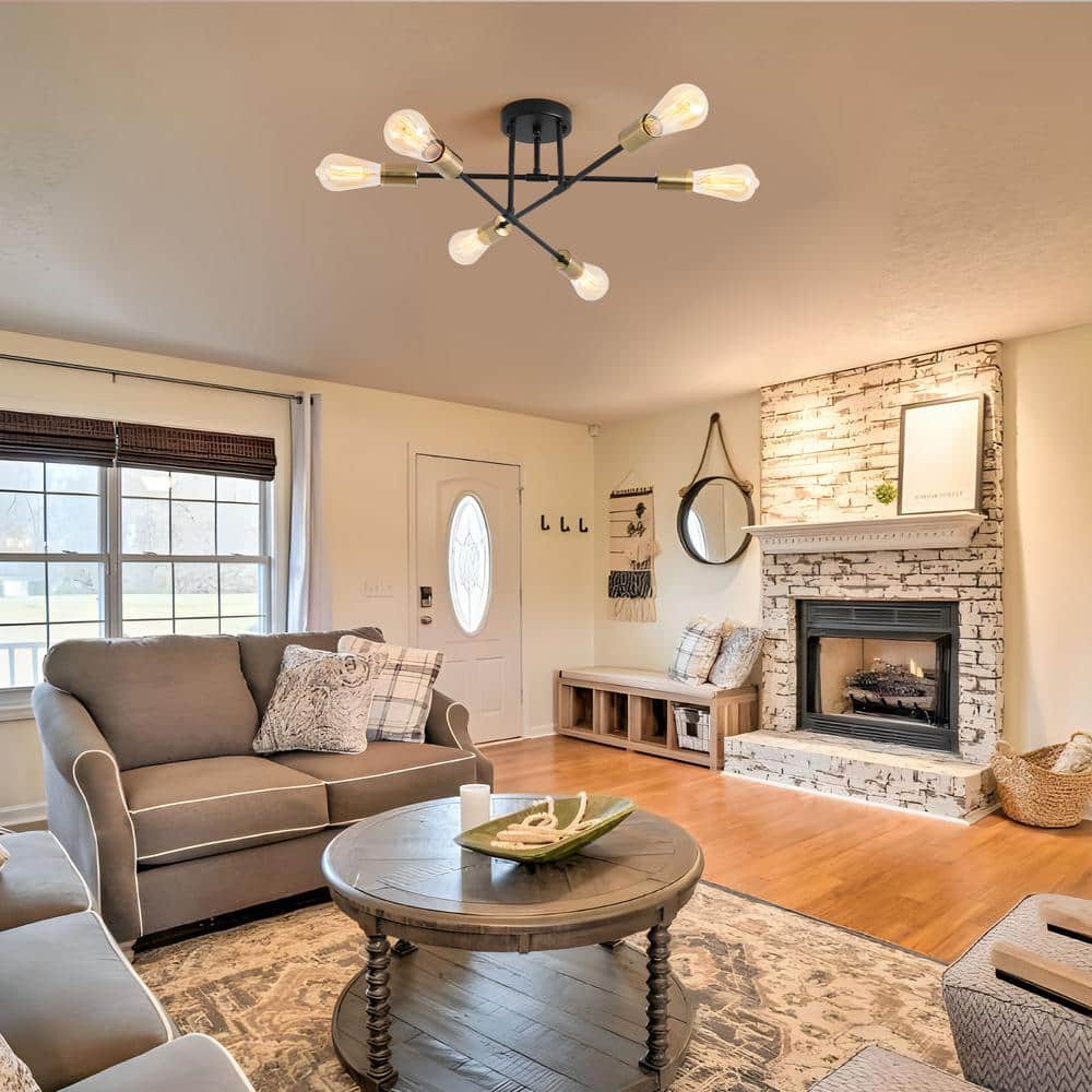 20.66 in. 6-Light Black and Brass Sputnik Modern Semi-Flush Mount Ceiling Light - Hercitys