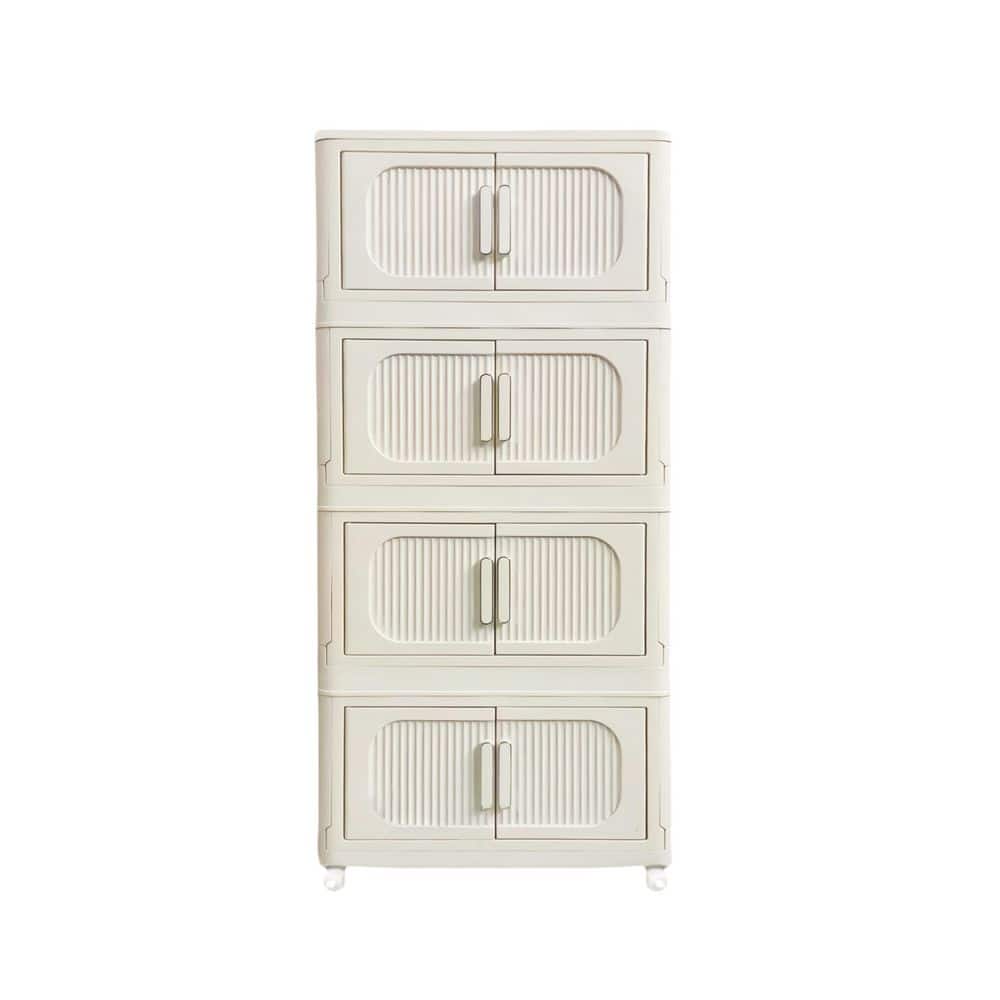 4-Tier Plastic Collapsible Storage Cabinet on Wheels, Storage Bins Closet Organizer with Magnetic Door, Cream White - Hercitys