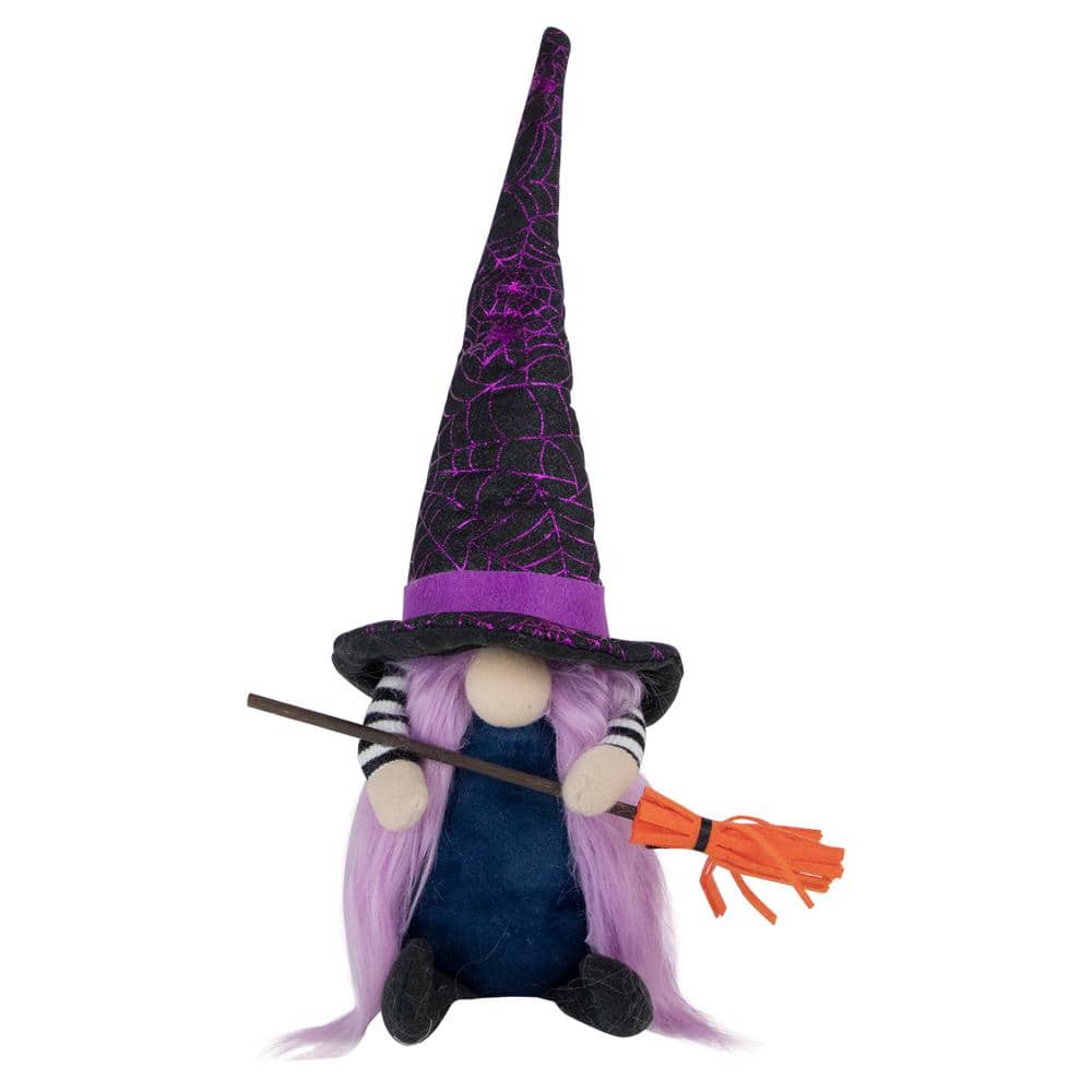 14 in. Black and Purple Witch Gnome with Broom Indoor Halloween Figure - Hercitys