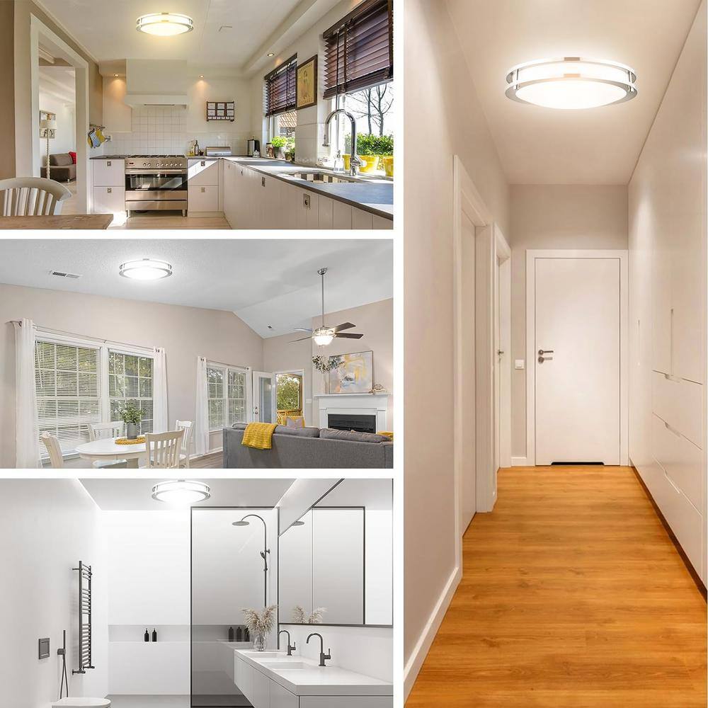 16 in Brushed Nickel Watt Selectable 5CCT LED Flush Mount Round Double Ring Dimmable Ceiling Light (1-Pack) - Hercitys