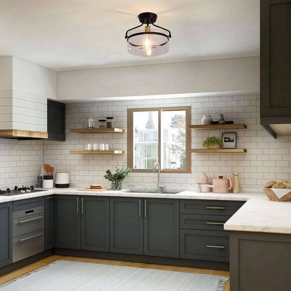 13.3 in. 1-Light Black Modern Semi-Flush Mount Ceiling Light with Glass Shade - Hercitys