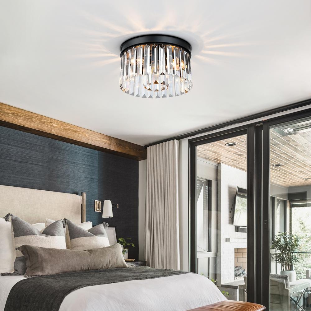 12 in. 3-Light Modern Black Round Flush Mount Ceiling Light with 2 Tiers Clear Crystal Shades - Hercitys