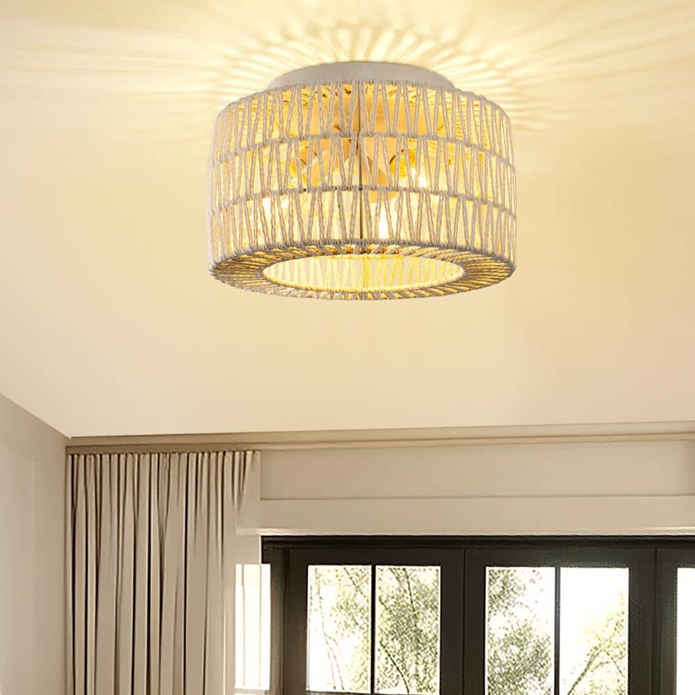11.8 in. 3-Light White Hand-Woven Rattan Ceiling Light for Bedroom, Hallway, or Living Room - Hercitys