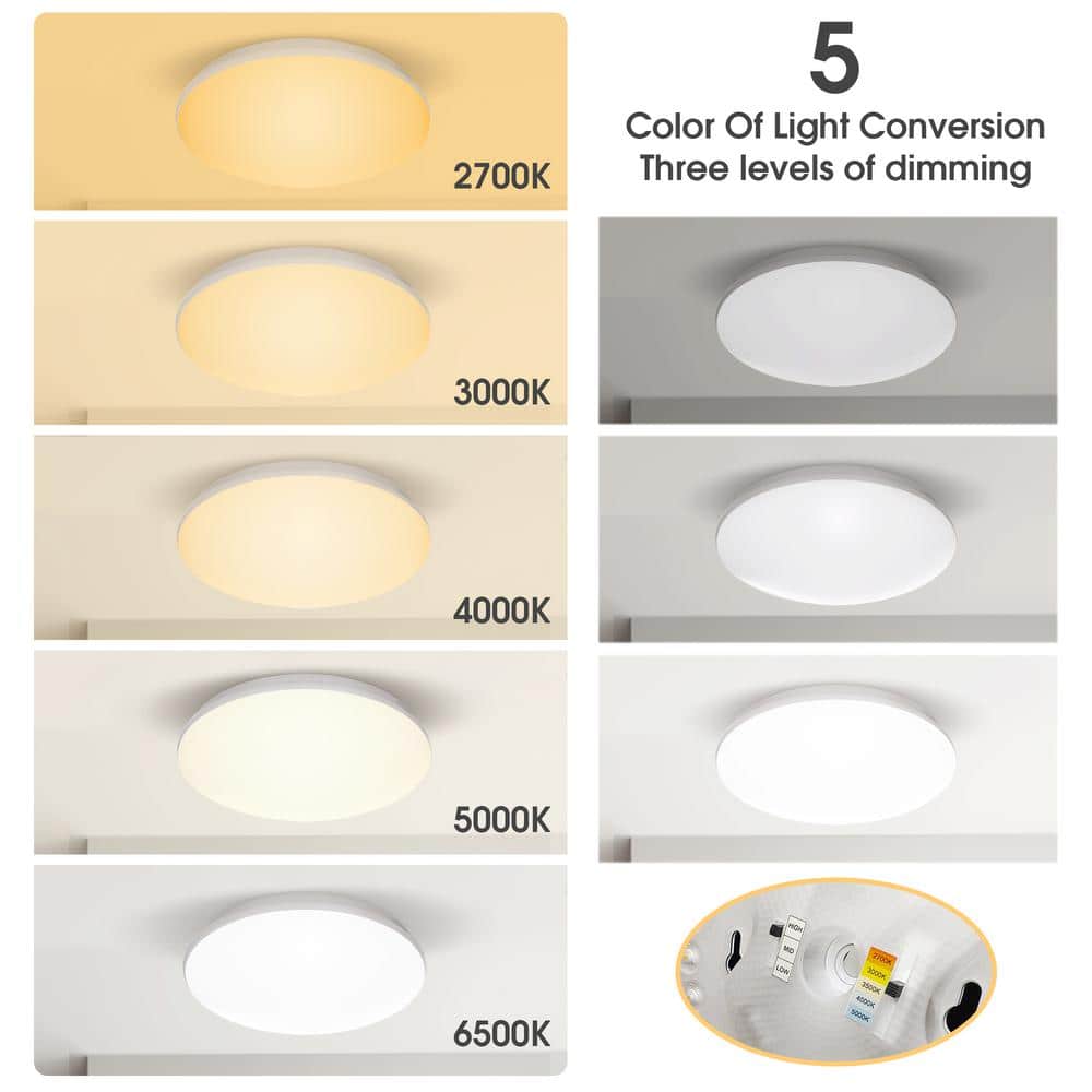 13 in. ETL White 5CCT Dimmable 15/18/21-Watt Integrated LED Flush Mount Ceiling Light with White Shade - Hercitys