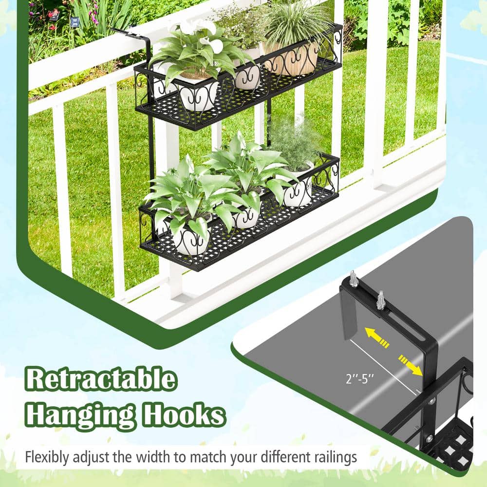 2-Tier Metal Hanging Flower Rack Flower Pot Holder w/Adjustable Hooks Railing Basket Shelf Potted Plant Container - Hercitys