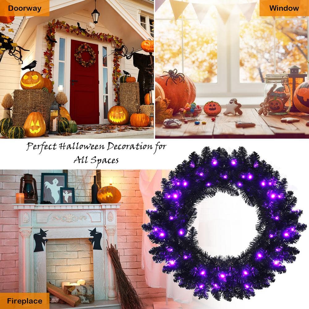 24 in. Black PreLit Artificial Christmas Wreath Halloween Wreath with 35 Purple LED Lights - Hercitys