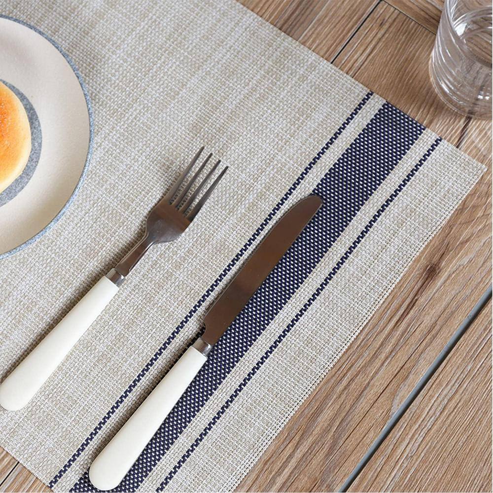 18 in. x 12 in. Blue Stripes Placemats Soft and Elegant Woven Vinyl, Water Resistant and Washable Table Mats Set of 6 - Hercitys