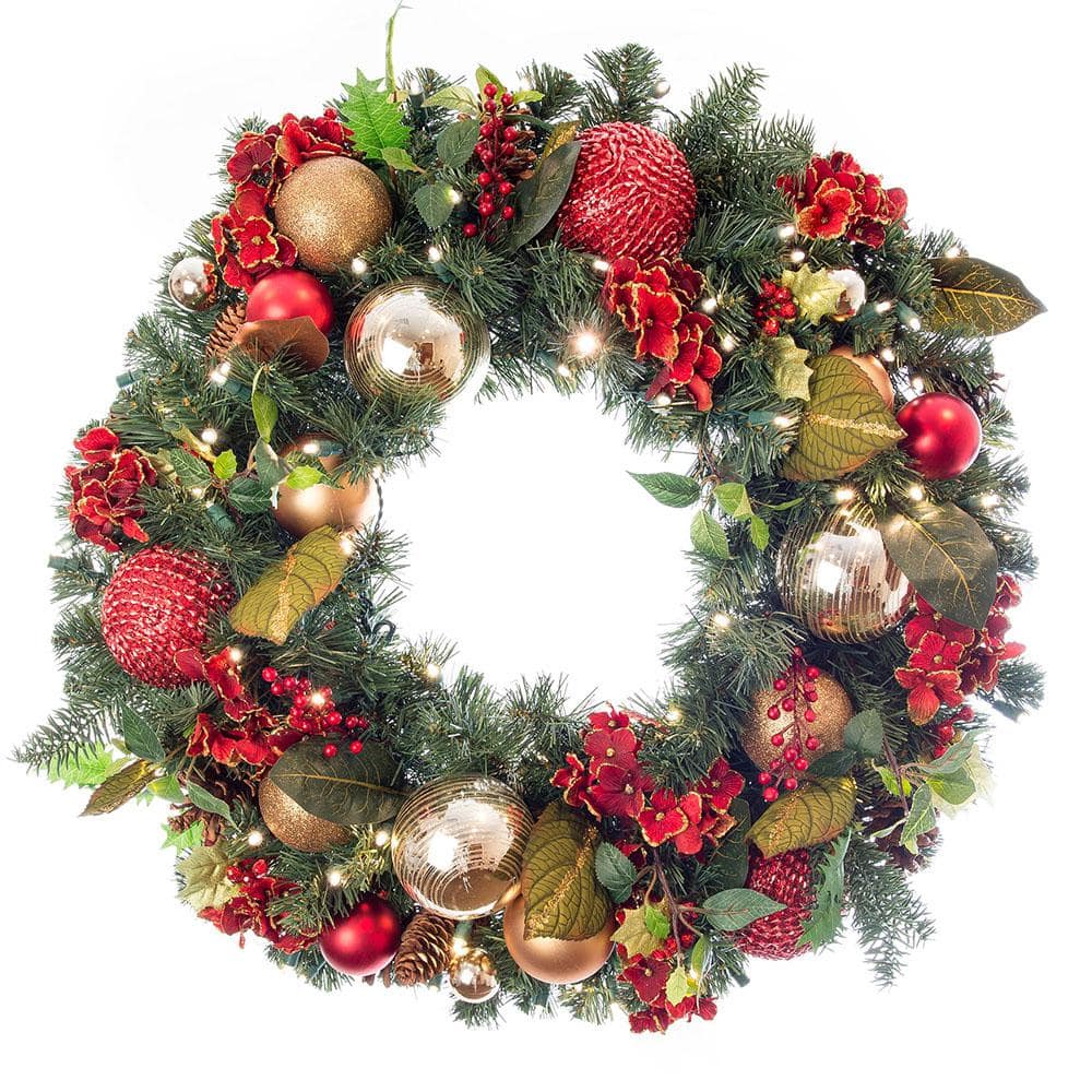 30 in. Artificial Pre-Lit LED Scarlet Hydrangea Wreath - Hercitys