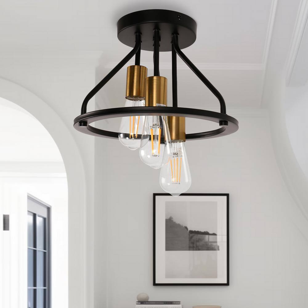 12 in. 3-Light Matte Black and Gold Industrial Cluster Semi-Flush Mount, Farmhouse Ceiling Lamp for Entryway Hallway - Hercitys