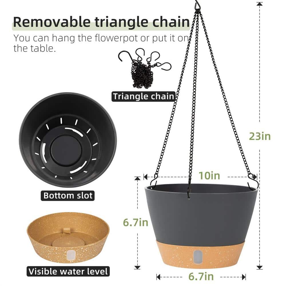 10 in. Dia Drak Gray Plastic Hanging Basket with Visible Water Level (2-Pack) - Hercitys