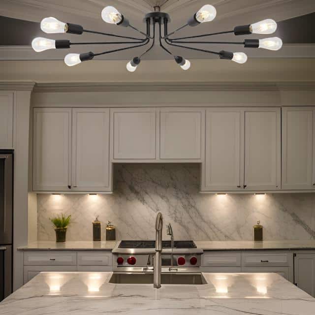 44.5 in. W 10-Light Black Sputnik Chandelier Semi Flush Mount Ceiling Light Fixture, E26, No Bulbs - Hercitys