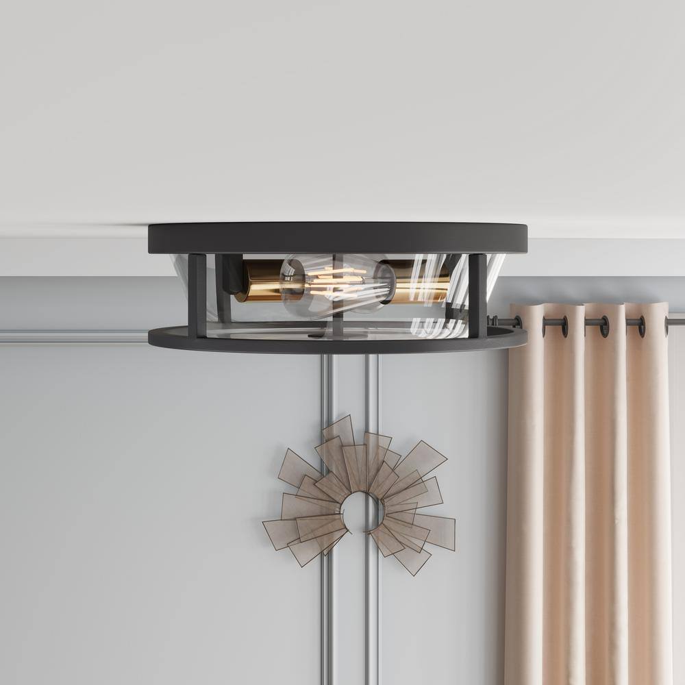 13 in. 2-Light Industrial Black Flush Mount Ceiling Light Fixture with Glass Shade - Hercitys