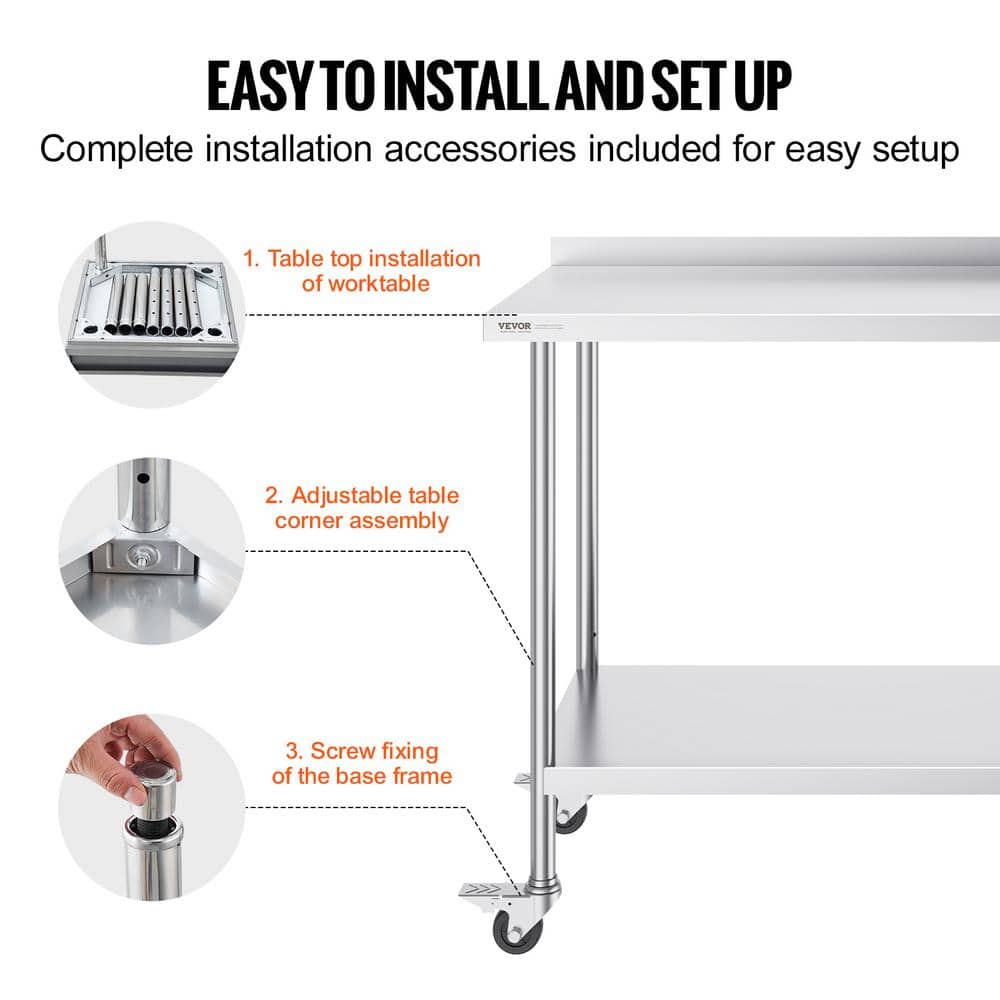 24 x 48 x 40 in. Stainless Steel Commercial Kitchen Prep Table with Casters Metal Table with Adjustable Height Silver - Hercitys