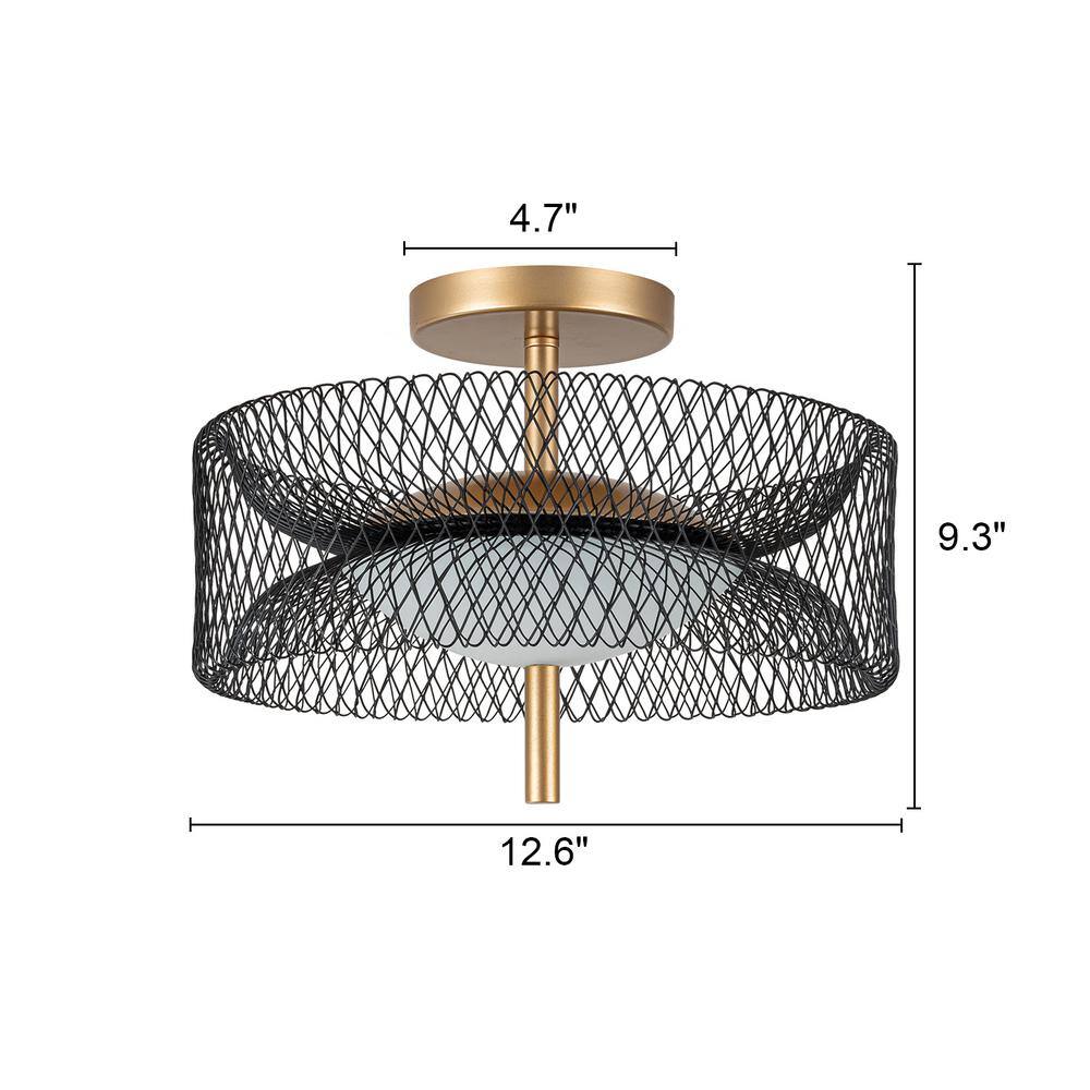12.6 in. 23-Watt Black/Gold Integrated LED Semi-Flush Mount Ceiling Light with Drum Shade - Hercitys