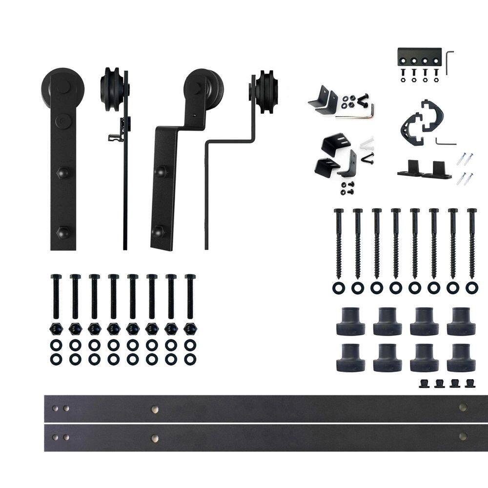 10 ft./120 in. Black Rustic Single Track Bypass Sliding Barn Door Hardware Kit Straight Design Roller for Double Doors - Hercitys