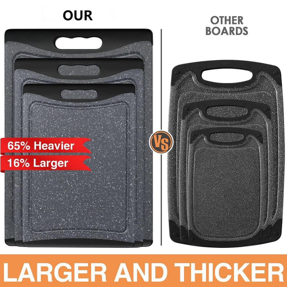 3-Piece Extra Large Plastic Cutting Board Set with Juice Grooves and Easy-Grip Handles, Dark Gray - Hercitys
