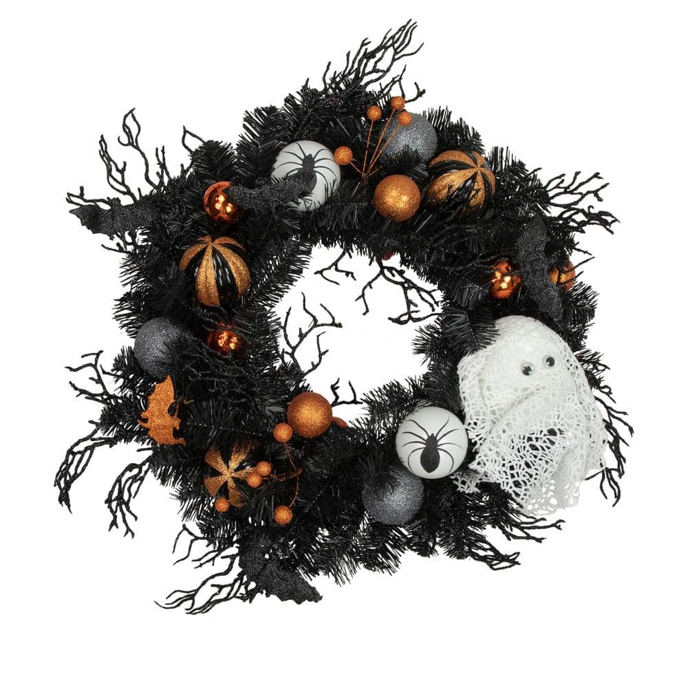 24 in. Orange Ornaments and Ghost Pine Halloween Wreath Unlit - Hercitys
