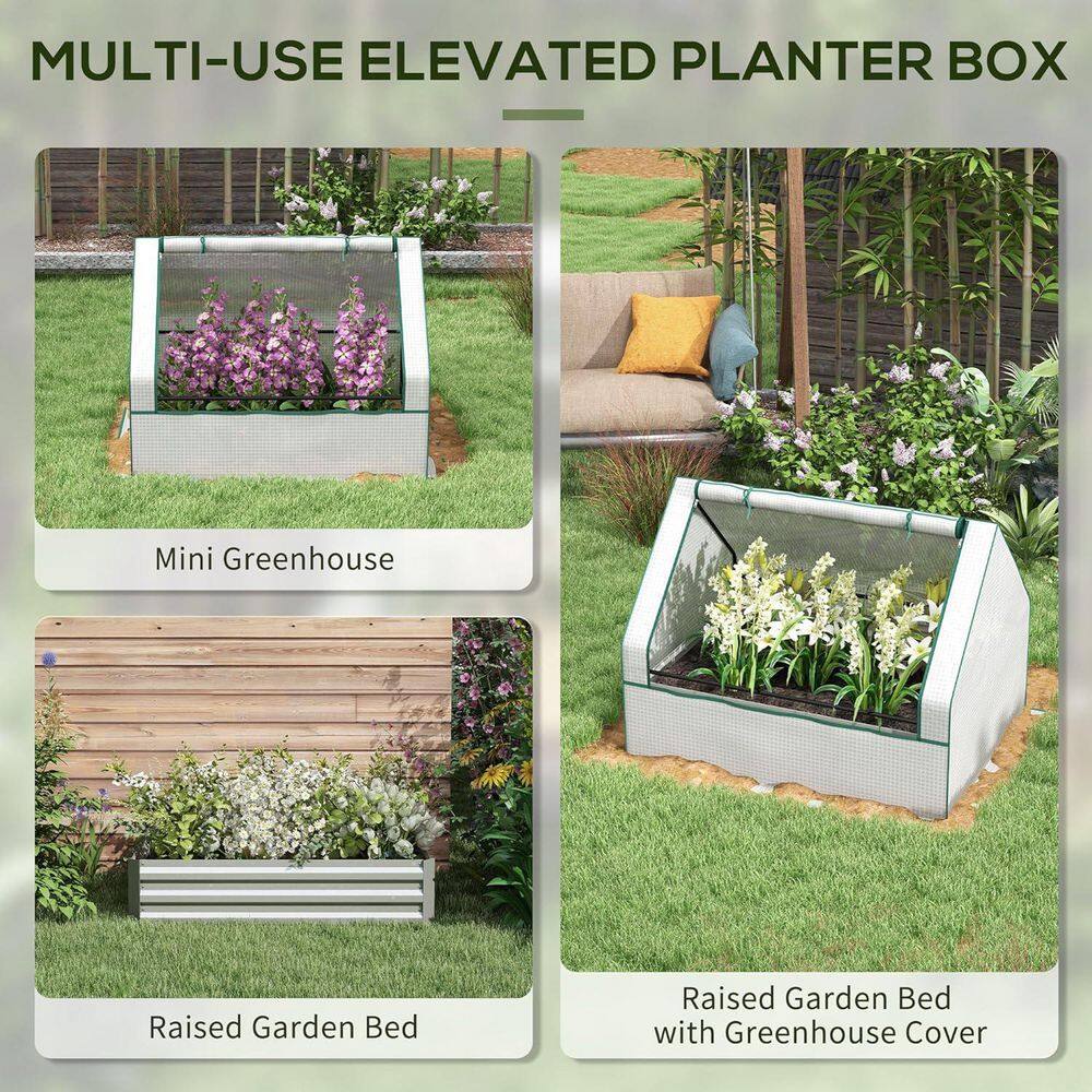 49.25 in. x 37. 50 in. x 36. 25 in. Raised Metal Garden Bed with Mini Greenhouse, White Cover and Silver Planter - Hercitys