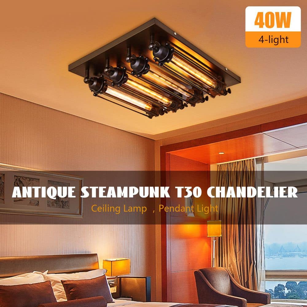 18.11 in. 4-Light Black Industrial Style Square Semi-Flush Mount Ceiling Light with Glass Shade and No Bulbs Included - Hercitys