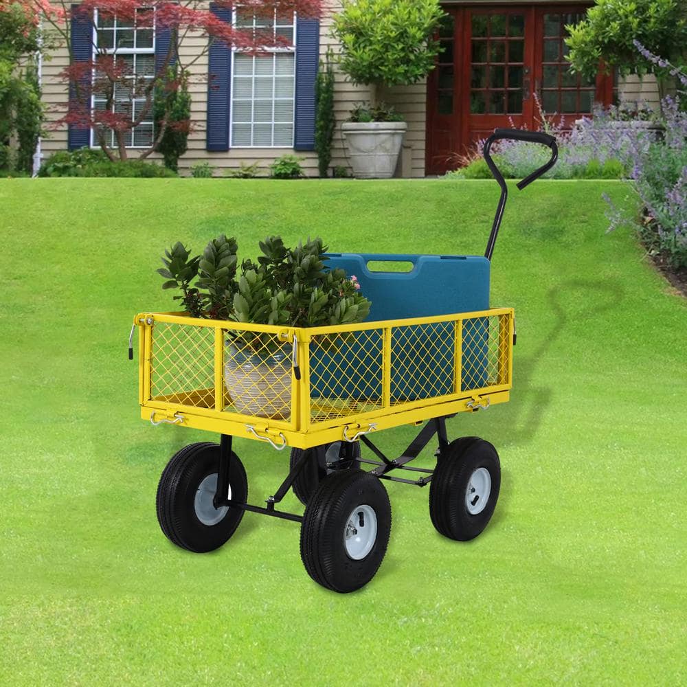 3 Cu. Ft. Yellow Steel Garden Cart, Wagon Cart, Removable Side Steel Mesh - Hercitys