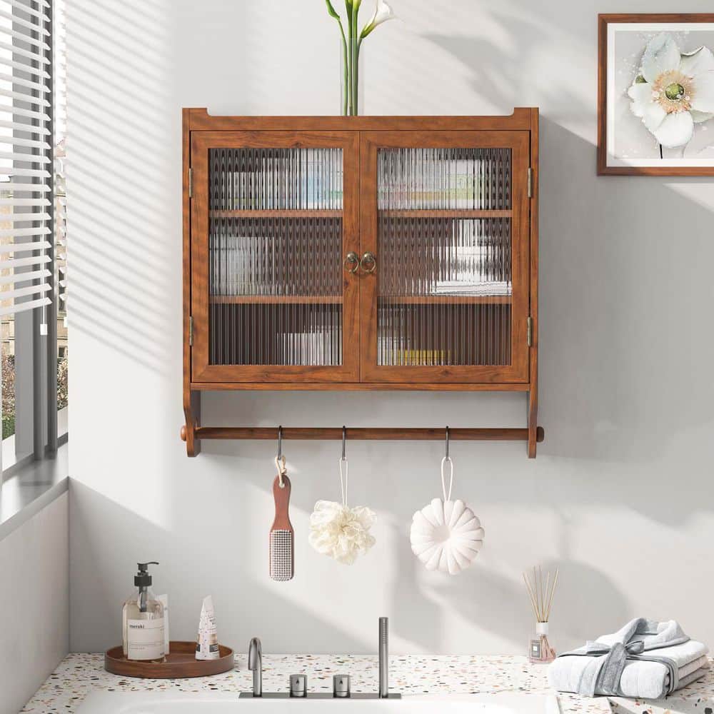 24 in. W x 7 in. D x 23 in. H Vintage Wall Cabinet Ready to Assemble Kitchen Cabinet in Brown, Glass Door Towel Rack - Hercitys