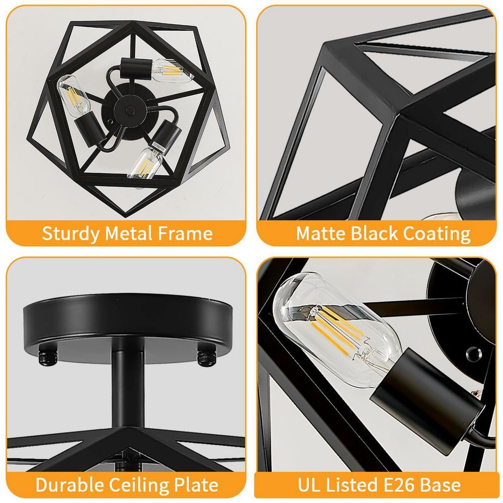 16.1 in. 3-Light Black Geometric Semi Flush Mount Ceiling Light with No Bulbs Included - Hercitys