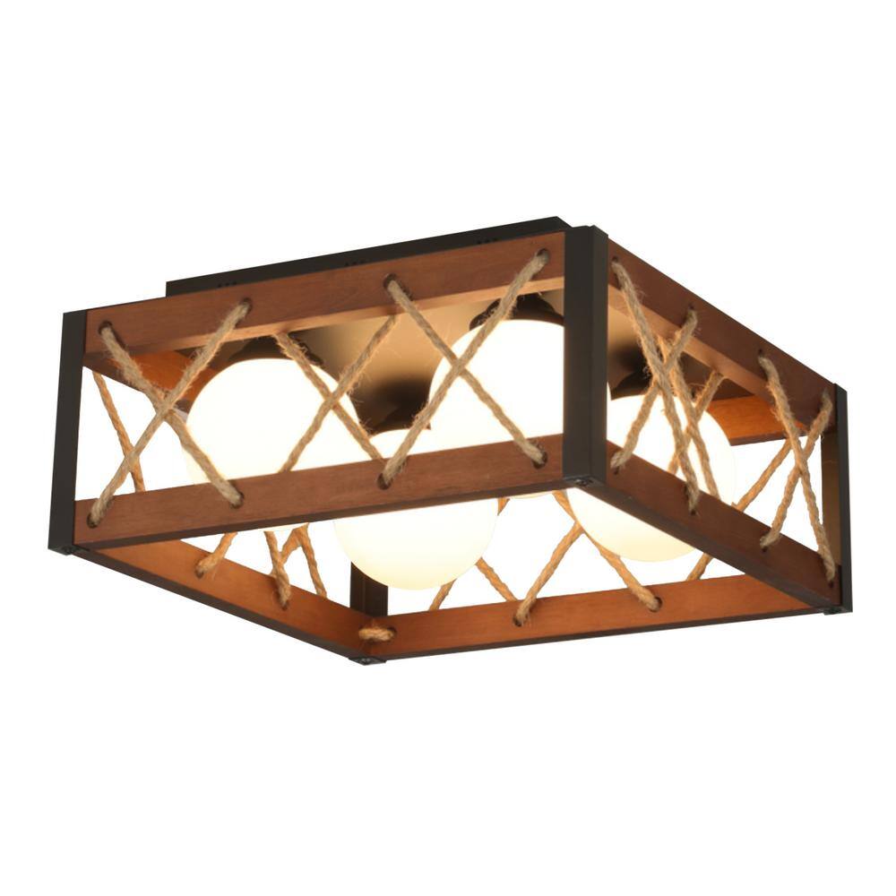 16 in. 25-Watt Farmhouse Rustic Square Wood Dimmable LED Flush Mount Ceiling Light with Acrylic Shatterproof Shade - Hercitys