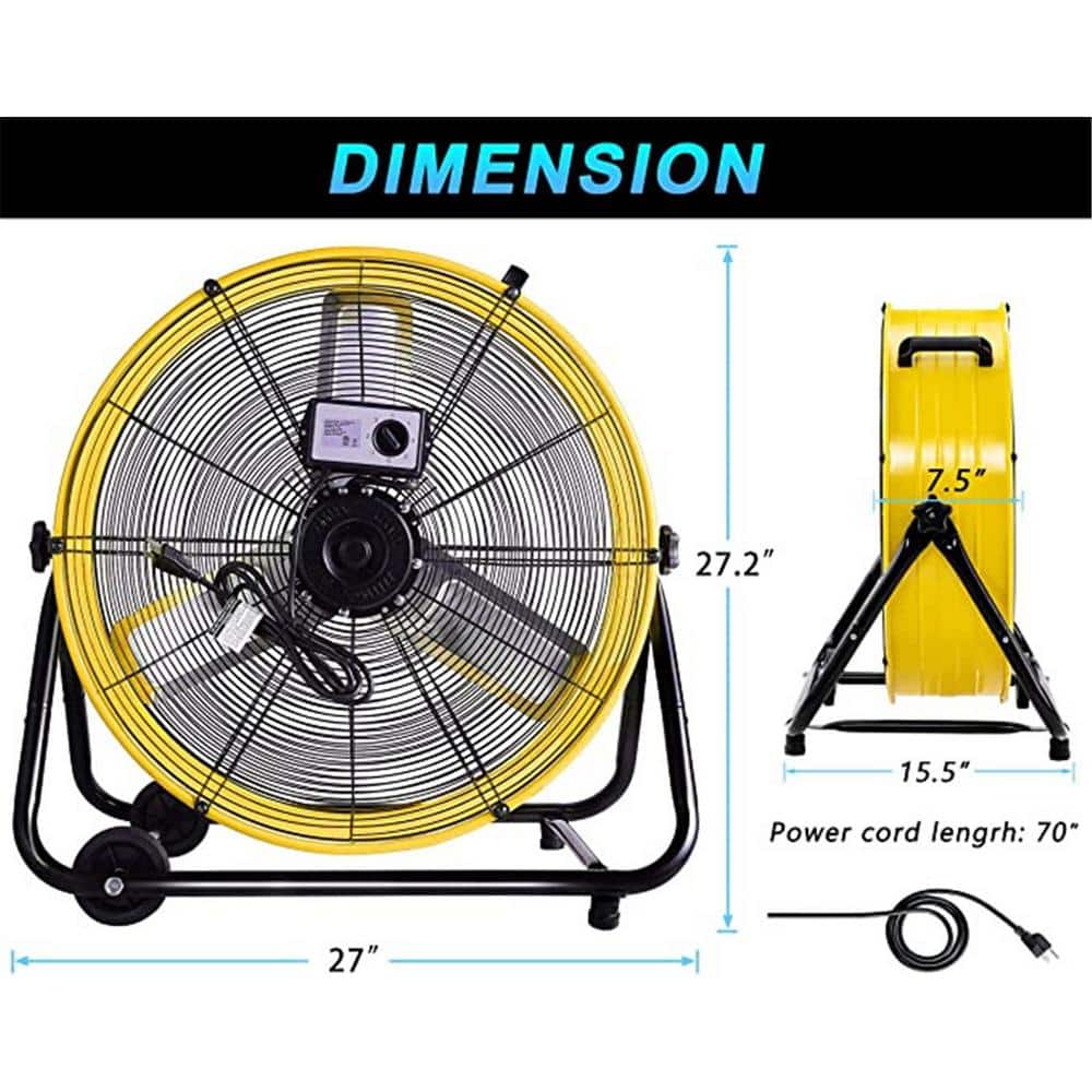 24 in. Drum Fan, 8100 CFM Air Circulation High Velocity Industrial Fan with 360° Adjustable Tilt in Yellow - Hercitys