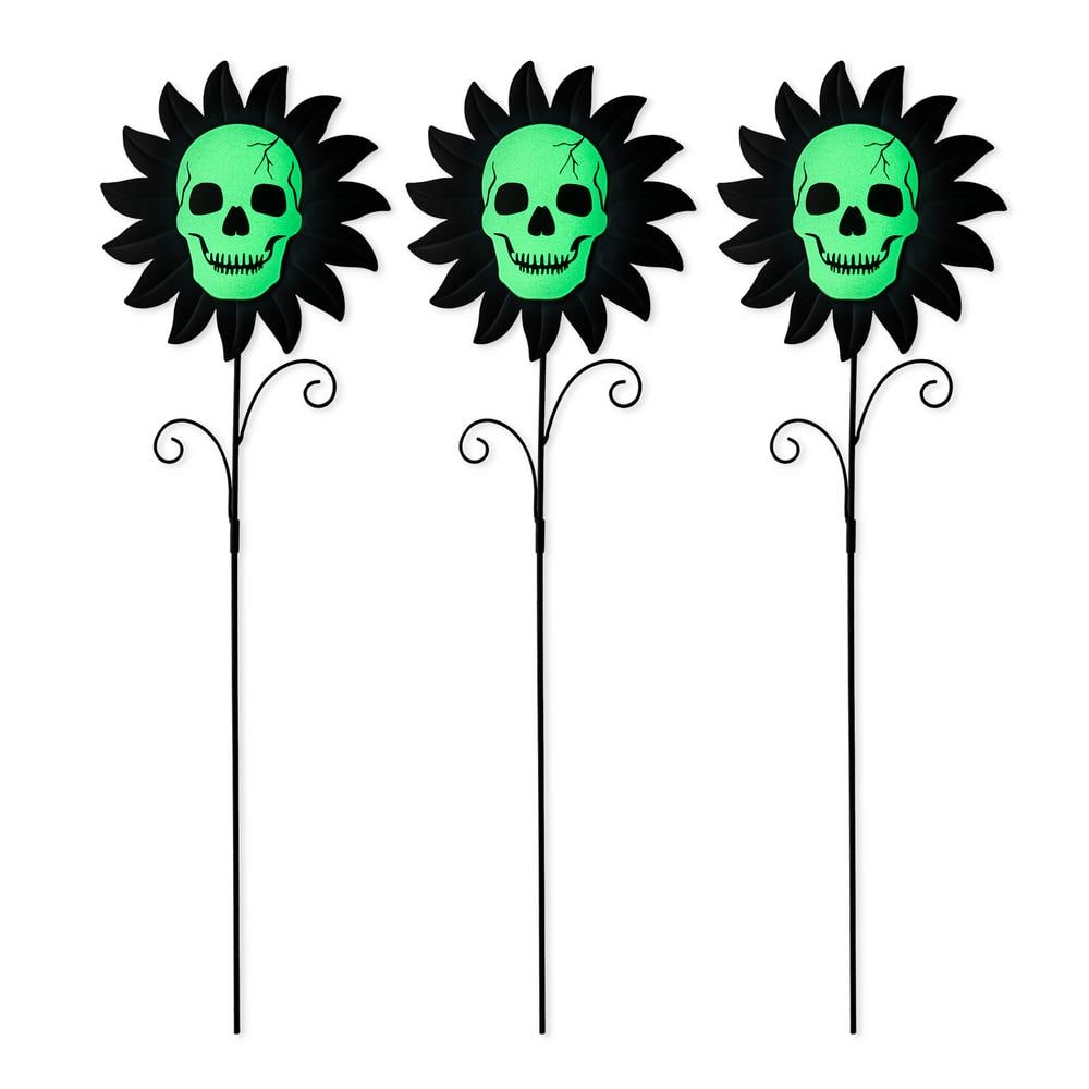 24 in. H Halloween Metal Sunflower Skulls Glow-In-Dark Yard Stake (Set of 3) - Hercitys
