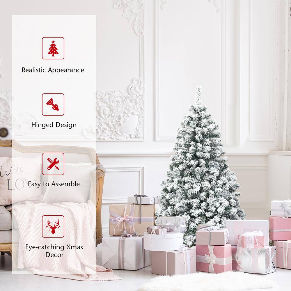 4.5 ft. Pre-Lit Snow Flocked Hinged Pine Artificial Christmas Tree with 200 Warm LED Lights - Hercitys