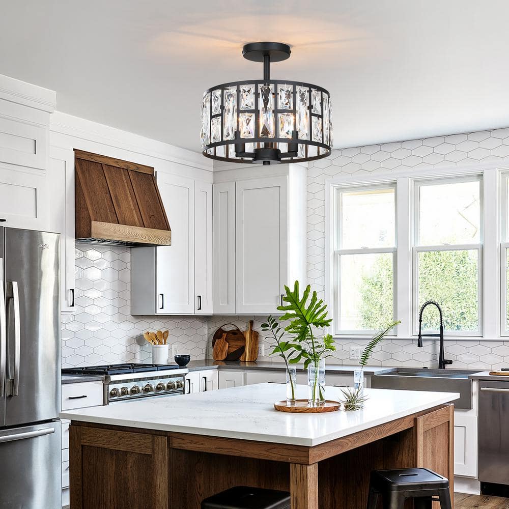 12 in. 3-Light Round Modern Black Drum Semi Flush Mount Ceiling Light with Clear Crystal Glass - Hercitys