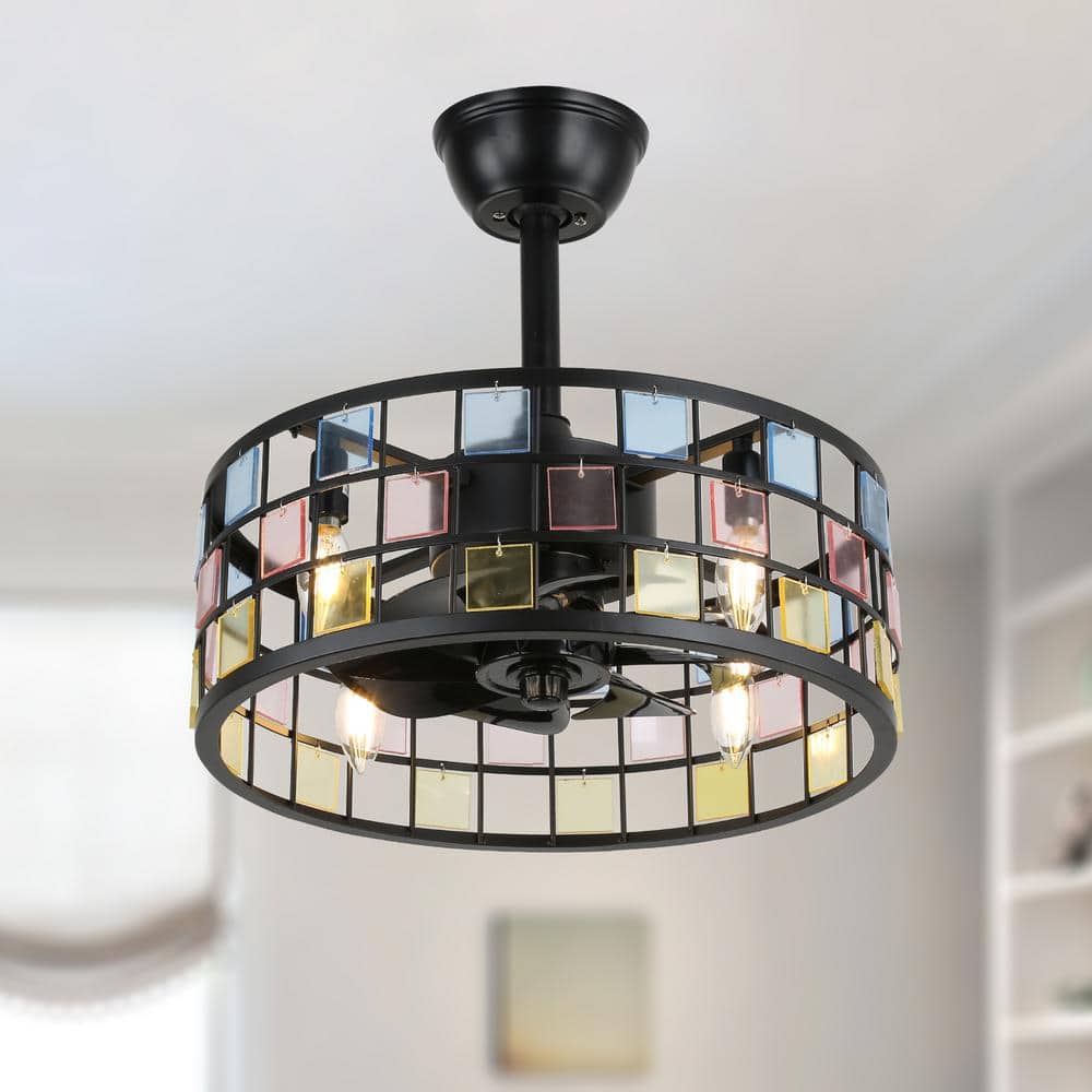 18 in. Indoor Black Colorful Glass Reversible Ceiling Fan with Light and Remote - Hercitys