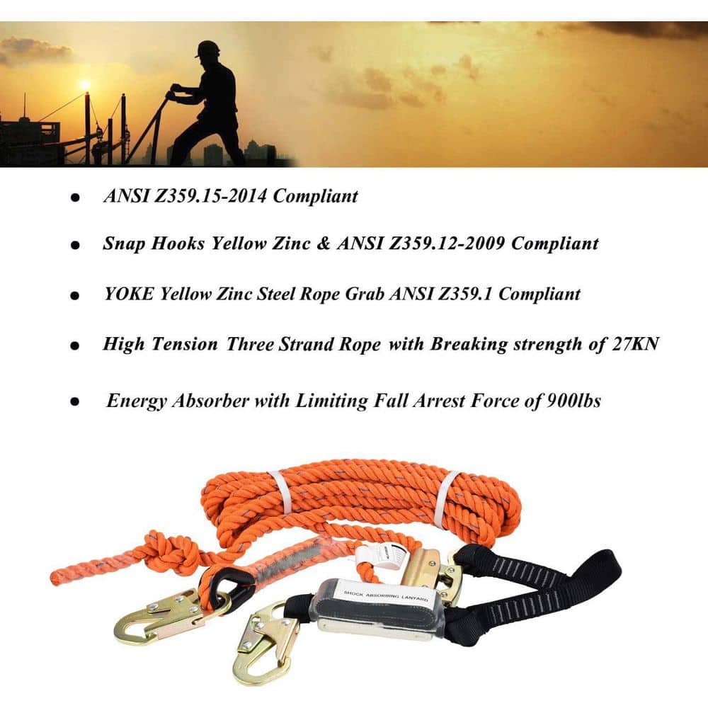 25 ft. Vertical Lifeline Assembly 3 Strand Rope Fall Protection with Rope Grab Snap Hooks Shock Absorber ANSI Compliant - Hercitys