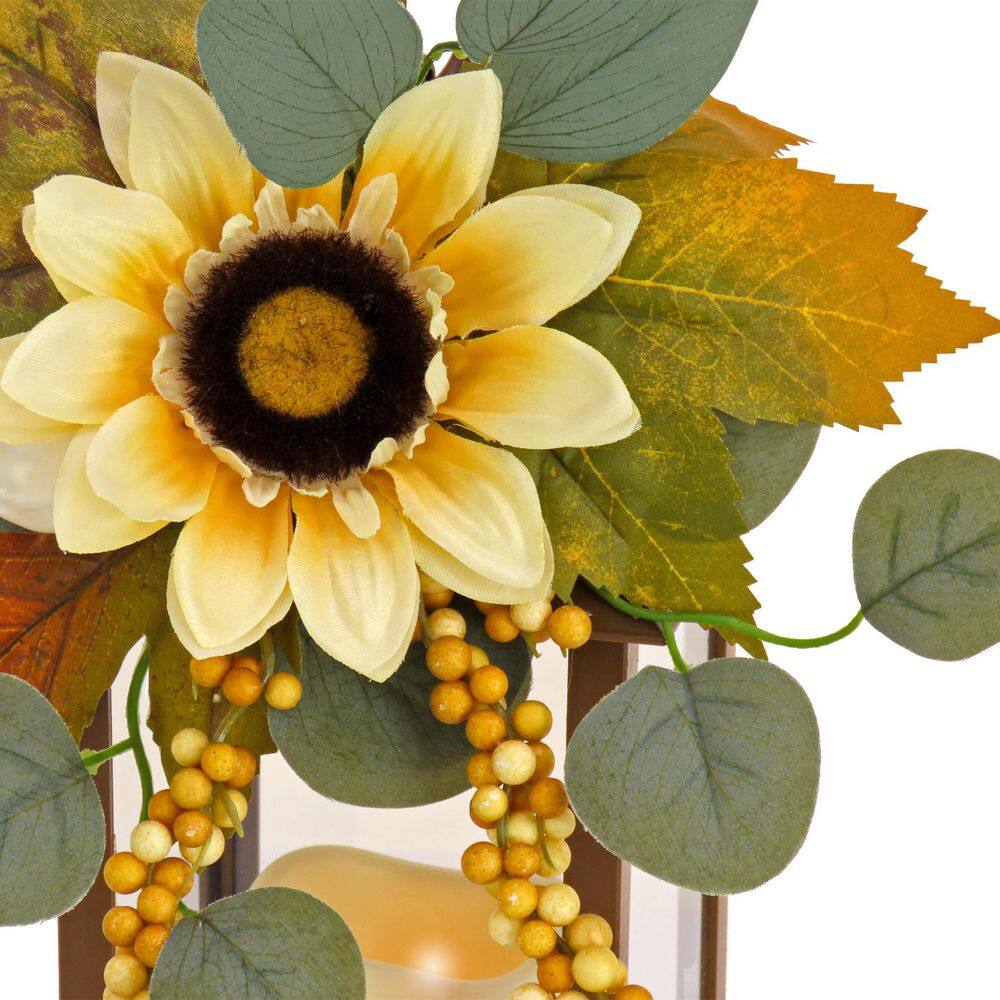 13″ Sunflower and Eucalyptus Decorated Harvest Lantern - Hercitys