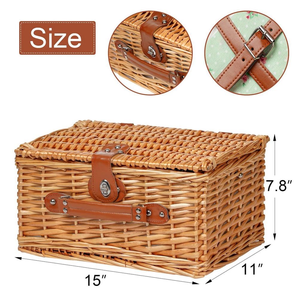 2-Person Wicker Picnic Basket with Utensils Cutlery, Handmade Willow Hamper Basket - Hercitys