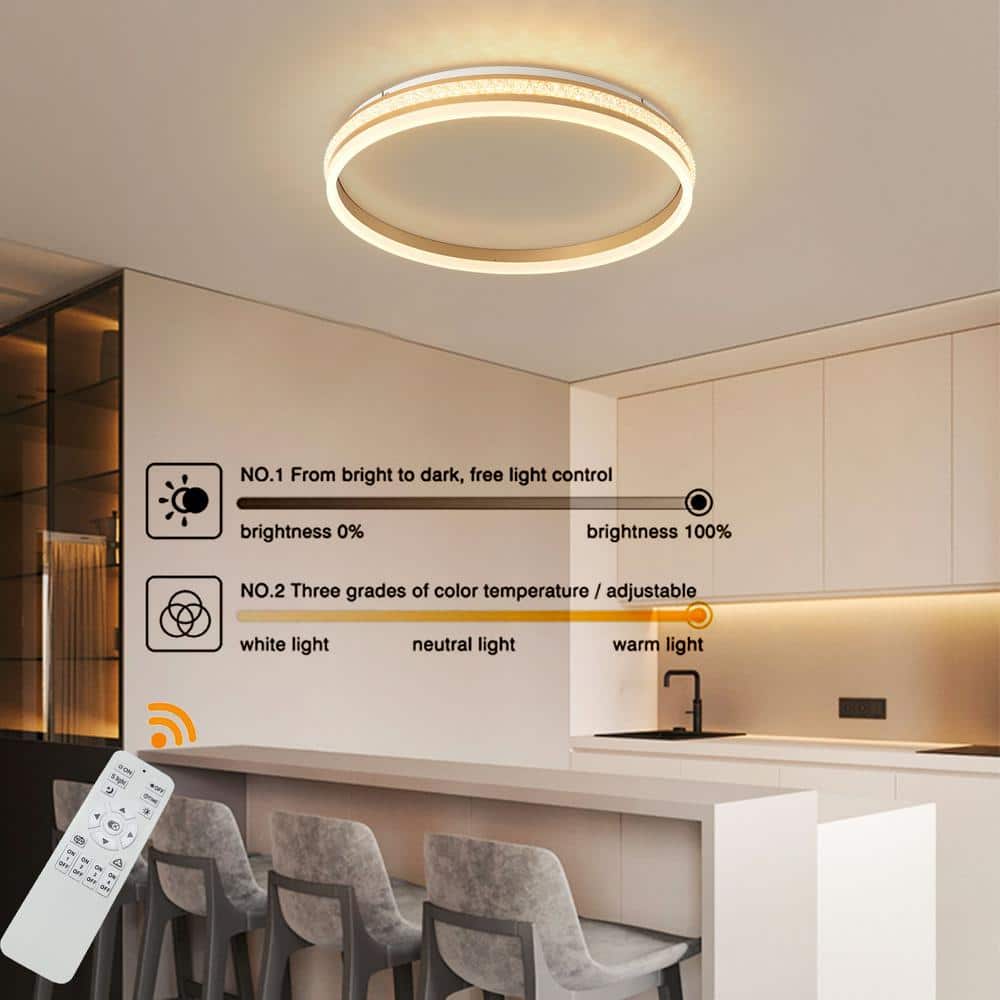 19.68 in. Gold Modern Round Flush Mount Dimmable LED Ceiling Light with Remote Control for Bedroom, Living Room - Hercitys