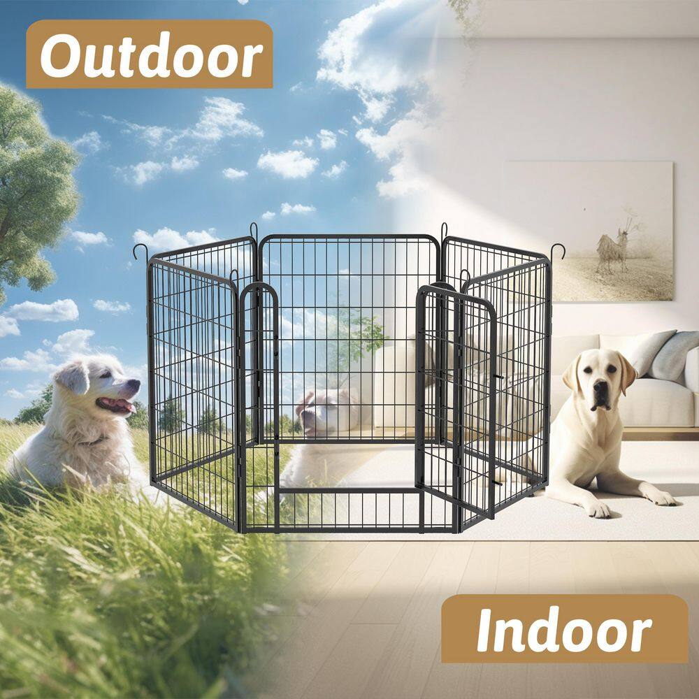 54 x 27 x 32 in. 6 Black Panels Metal Dog Playpen with door for Garden Fence Outdoor Pet Exercise Pen - Hercitys