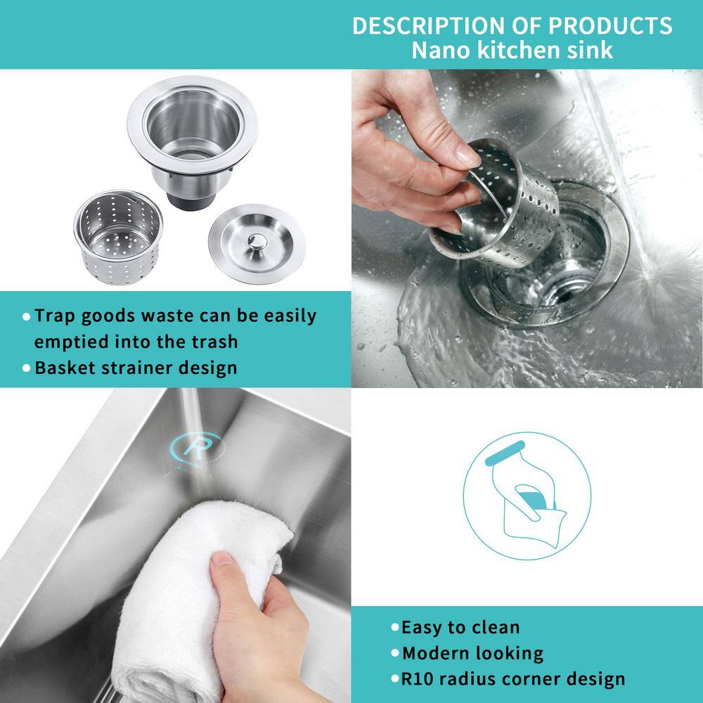 23 in Undermount Single Bowl 20 Gauge Stainless Steel Kitchen Sink with Strainer - Hercitys